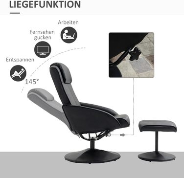 Крісло для телевізора HOMCOM з пуфом для ніг, поворотне на 360 з функцією відкидання, крісло для телевізора, крісло для читання для вітальні, спальні, штучна шкіра, чорний колір