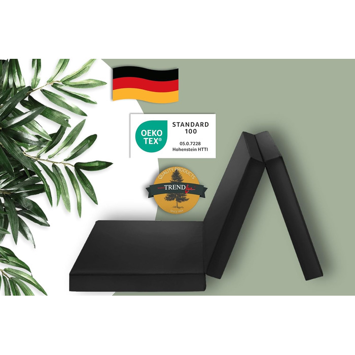 Гостьовий матрац Badenia Trendline, 3-секційний розкладний матрац із міцним чохлом з мікрофібри, сертифікований Oeko-Tex, виготовлений за німецькими стандартами якості, 190 x 60 см, чорний