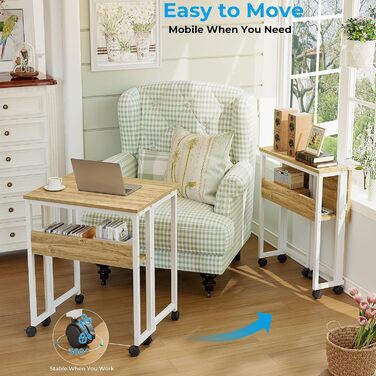 Малий розкладний стіл, 63 см розкладний стіл з колесами, простий у складанні розкладний стіл з місцем для зберігання, розкладний стіл для домашнього офісу, бежевий 63x50 см