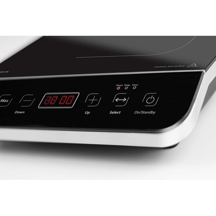Одна індукційна варильна поверхня, 2000 Вт, автоматичне визначення горщика, 10 рівнів температури, 10 рівнів потужності, таймер до 180 хв, склокерамічна поверхня, температура приблизно 60 240 C Одинарна індукція Чорний, Сріблястий, 2000 -