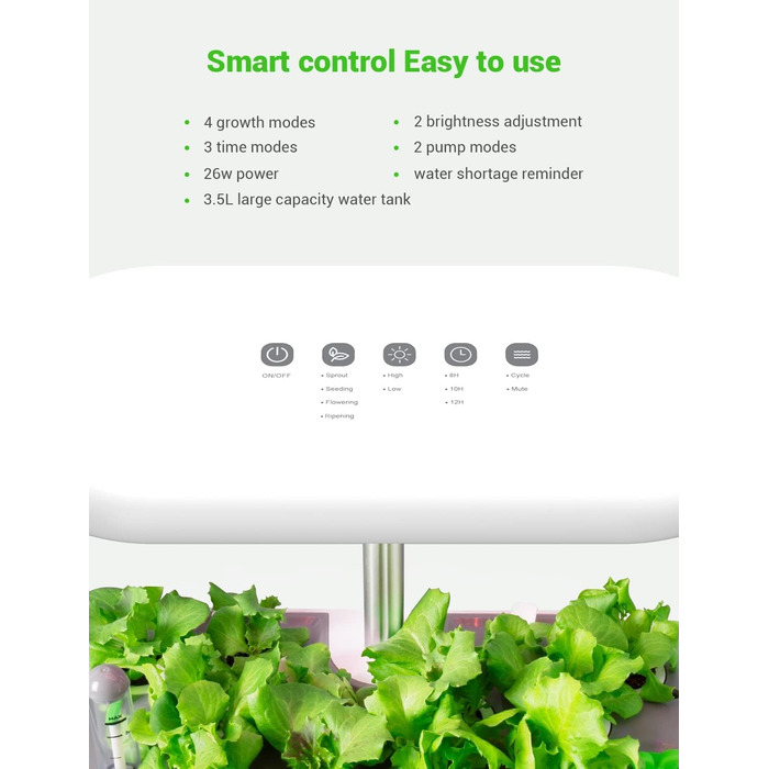 Гідропонна система вирощування GOLUMUP Розумний сад із автоматичним таймером, світлодіодною лампою для рослин 26 Вт і 12 стручками внутрішнього травяного саду, що регулюється по висоті до 50 см