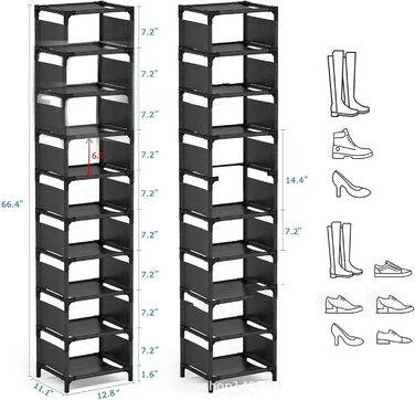 Висока полиця для взуття SunshineFace, 10 рівнів, полиця для взуття, вертикальна, вузька, металева рама, зберігання взуття, органайзер, складна полиця для взуття для шафи, передпокій, передпокій