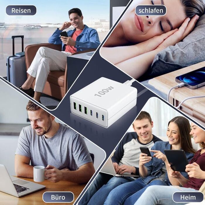 Зарядний пристрій FINIBO USB C Multiple 6-портовий швидкий зарядний пристрій потужністю 100 Вт з USB-C та USB-A, портативний насті