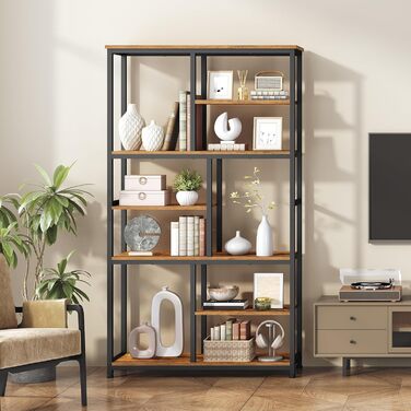 Книжкова полиця HOOBRO, окремостояча полиця з 4 регульованими ніжками, вертикальна полиця, офісна полиця, полиця для зберігання речей для вітальні та кабінету, 100 x 28 x 180 см, вінтажний коричневий та чорний EBF06SJ01