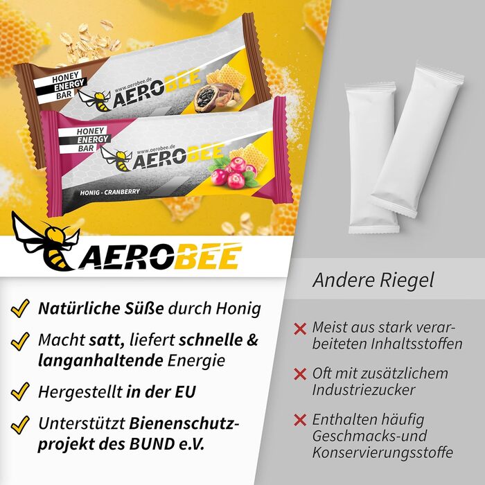 Енергетичний батончик AEROBEE - Унікальний енергетичний батончик з меду, арахісу та какао 12x50 г - Вівсяний батончик без цукру, ідеальний батончик для витривалості та енергії, їжа для походів або заміна їжі в офісі Мед, арахіс та какао (12 шт. )