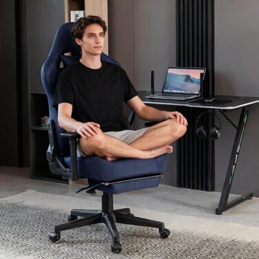 Ігрове крісло Symino з латексною подушкою сидіння, вантажопідйомність 300 кг, ергономічне комп&39ютерне крісло з поперековою опорою та підголівником з піни з ефектом пам&39яті, дихаюче офісне крісло зі штучної замші, темно-синє