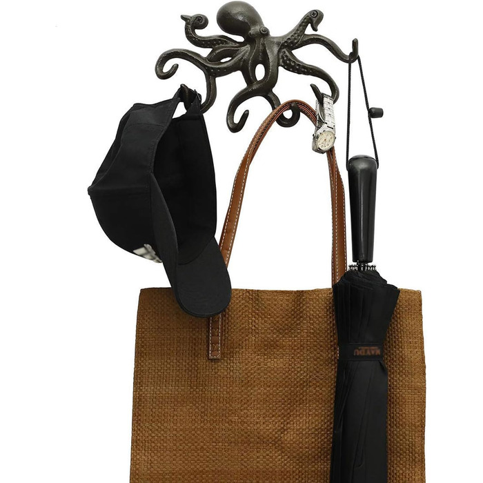 Чавунні старовинні настінні гачки Chas Bete Hook, сільські гачки для шафи, настінні гачки Восьминіг чорний з 6 щупальцями Восьмині