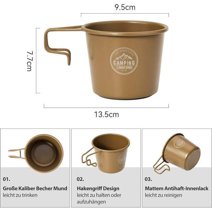 Кухоль з нержавіючої сталі Thous Winds Sierra, набір із 2 кемпінгових кухлів для активного відпочинку з підвісною ручкою, що штабелюється, портативний, легкий туристичний кухоль об&39ємом 350 мл, екологічно чистий кухоль для активного відпочинку - хакі
