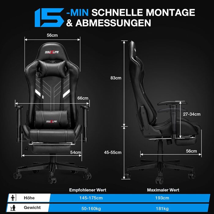 Ігрове крісло Douxlife, з 7-точковим масажем, підставкою для ніг, ергономічне офісне крісло, регульована спинка 90-175, регульовані 2D підлокітники, ігрове крісло для ПК, 150-180 кг, насичено-чорне
