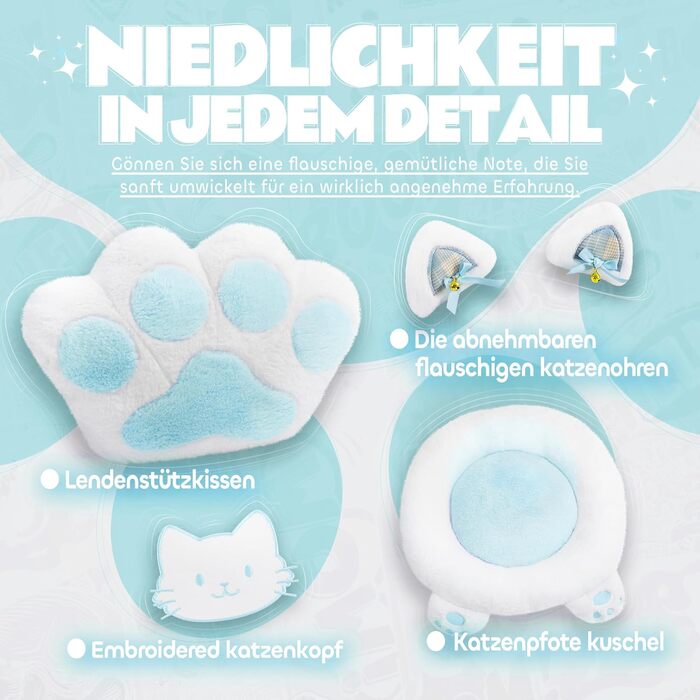 Милий ігровий стілець з котячою тканиною з поперековою подушкою у формі котячої лапи та котячими вушками, ігровий стілець з підставкою для ніг, ергономічний ПК-стілець для дітей, дорослих та дівчаток, вантажопідйомність 140 кг, синьо-білий