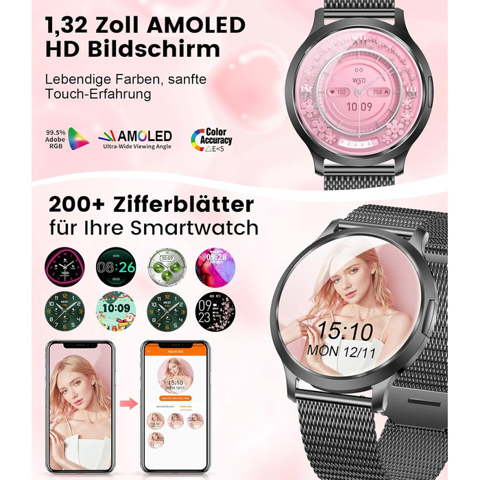Розумний годинник для жінок, тонкий 1,32-дюймовий HD AMOLED сенсорний екран, чорний, сумісний з iOS та Android, 2 браслети, понад 100 спортивних режимів/калорій/сону/менструального циклу, браслет E-Noir