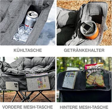 Складаний кемпінговий стілець EVER ADVANCED 2-в-1, великий зі знімною оббивкою товщиною 6 см, вантажопідйомність 180 кг, складний стілець з боковими кишенями, відділенням для холодильника та тримачем для напоїв для кемпінгу, саду, риболовлі, сірого кольор