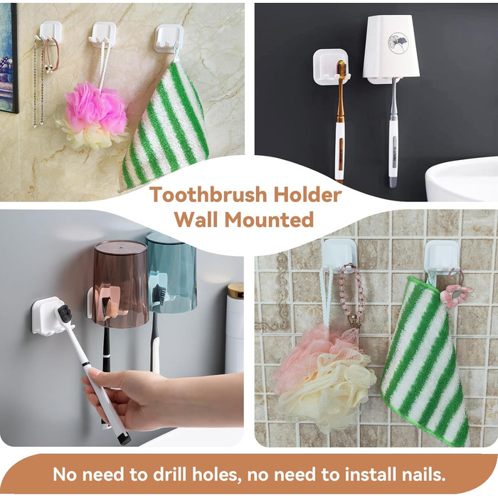 Тримач для зубної щітки з 2 шт. Настінний тримач для чашки для зубної щітки без свердління, водонепроникний тримач для зубної щітки Самоклеючий тримач для електричної зубної щітки, для настінного кріплення Ванна кімната Кухня Вітальня