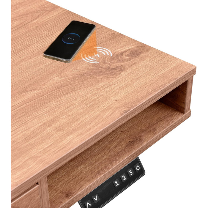 Робочий стіл у стилі Worktime 120x60 см Робочий стіл з електричним регулюванням висоти, функцією пам&39яті, зворотним відліком часу стоячи, USB-хабом, шухлядою та відділеннями для зберігання, дуб/чорний