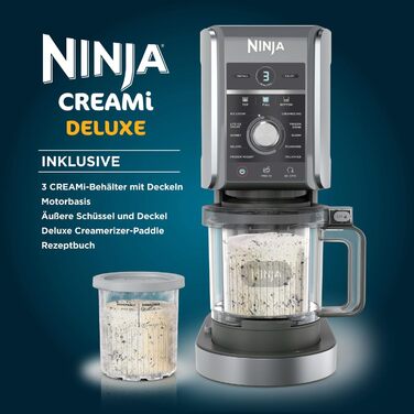 Морожениця Ninja CREAMi Deluxe з 3 контейнерами, 10 функціями, виробником десертів і морозива для морозива, сорбету, замороженого йогурту, молочних коктейлів, сльоти, варіанту зі смаком 2-в-1, срібло, NC501EU срібло CREAMi Deluxe