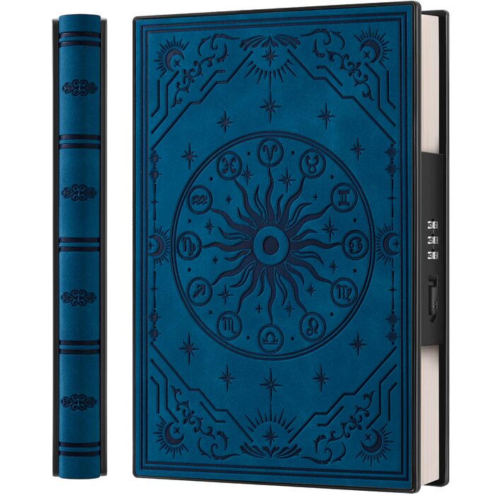 Щоденник формату A5 із кодовим замком та розкладним дизайном на 180, виготовлений із мякої штучної шкіри з тисненням знаків зодіаку ідеально підходить для дорослих, жінок, чоловіків та підлітків, для більшої конфіденційності кольору павиного синього