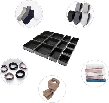 Набір Puricon з 13 коробок для зберігання тканини, органайзери для шухляд/системи для зберігання одягу, складні коробки для зберігання в гардеробах та спальнях - сірі, 13 предметів