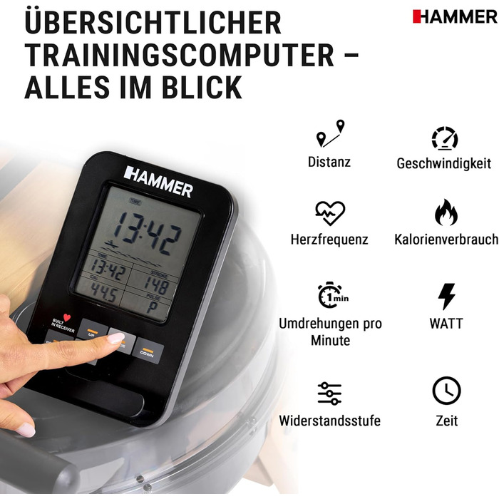 Водний гребний тренажер HAMMER AquaFold - складний гребний тренажер для домашнього використання, виготовлений з натурального дерева з колесами, гребний тренажер з Bluetooth, тренувальний комп&39ютер