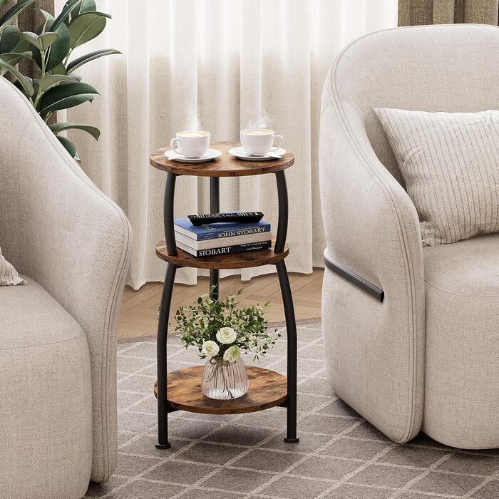 Круглий журнальний столик, маленький круглий столик з 3 ярусами, маленький журнальний столик з місцем для зберігання, тумбочка біля ліжка, журнальний столик, журнальний столик для вітальні, спальні, металевий, сучасний (коричневий) Коричневий Чорний