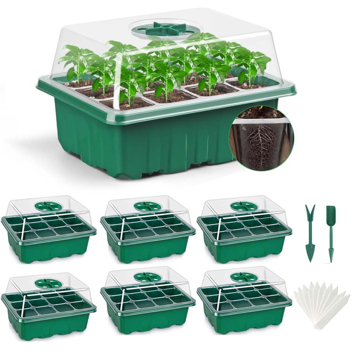 Теплиця для вирощування Feizeisun, 6 шт., 72 комірок, набір для міні-теплиці, міні-теплиця, ящик для вирощування в закритому приміщенні, піддон для вирощування теплиці з кришкою та вентиляцією для розсади, зелений