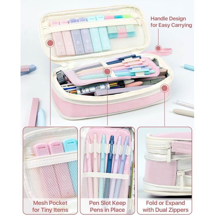 Набір шкільного приладдя Four Candies, 56 шт., естетичне, з пеналом, 6 кольорових кулькових ручок, 12 пастельних маркерів, 5 гелевих ручок з чорним чорнилом, 9 механічних олівців 0,5-2,0 мм (рожевих)