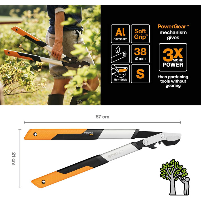Садові секатори Fiskars PowerGear X з обхідним механізмом, з антипригарним покриттям, зі сталі високої твердості, довжина 57 см, чорно-помаранчеві, LX92-S, 1020186 LX 92 (57 см)