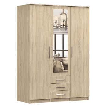 Шафа з дзеркалом, 2 двері, 3 шухляди - Шафа з орними дверима - Шафа для спальні - 64 x 150 x 210 см - Шафа для вітальні - Вішалка для одягу, Шафа Sonoma 3D Sonoma/Sonoma