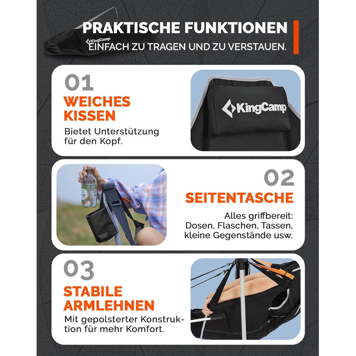 Легке крісло-гойдалка для кемпінгу KingCamp, складне крісло-гойдалка для кемпінгу з 3 регульованими спинками, розкладне вуличне крісло-гойдалка з тримачем для напоїв, підвісне крісло-гойдалка для використання в приміщенні, вітальня, сад, патіо, чорне з пі