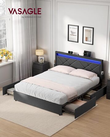 Каркас двоспального ліжка VASAGLE, Каркас ліжка, 180 x 200 см, LED, Металеве ліжко, 4 шухляди, Зарядна станція, Регульоване м&39яке узголів&39я, Темно-сірий RMB825GN02 Темно-сірий 180 x 200 см