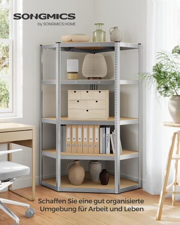 Кутова полиця SONGMICS, 5 ярусів, міцна полиця, металева, полиця для гаража, комори, полиця для підвалу, вантажопідйомність до 875 кг, сріблясто-натурально-бежевий GLR080E01 сріблястий натуральний бежевий