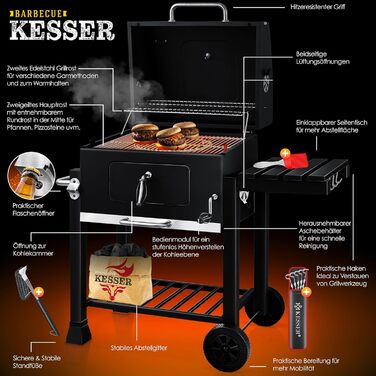 Вугільний гриль KESSER BBQ Smoker XL з кришкою, колесами, ручкою з нержавіючої сталі, термометром, решіткою для гриля, щіткою, кришкою, 8 шампурами з пакетом і силіконовою щіткою, окремо стоячим грилем, візком для вугільного гриля