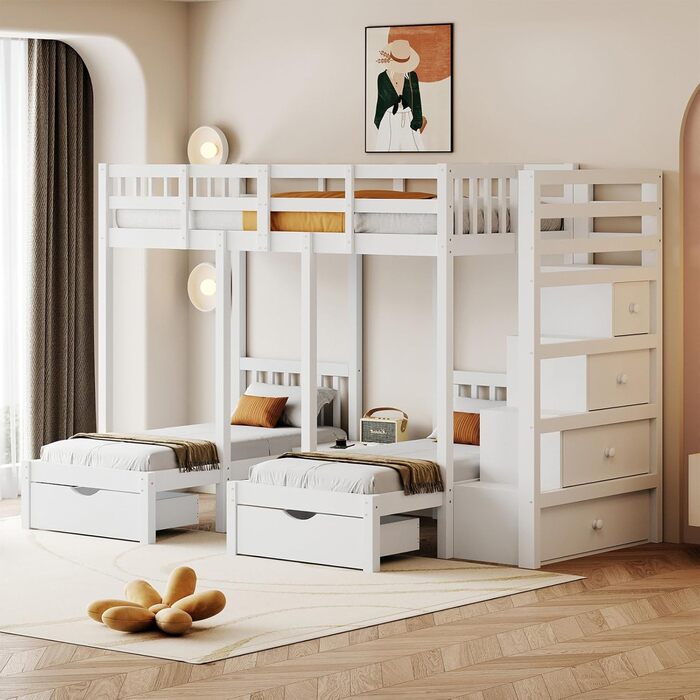 Двоярусне ліжко Billg 200x90 см для 3 дітей, дитяче ліжко із захистом від падіння, ліжко-горище з висувними ящиками, тумбочками і