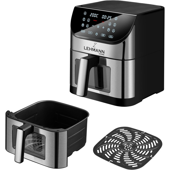 Фритюрниця Lehmann XXL з кошиком 8 л і оглядовим вікном, фритюрниця без олії з підсвічуванням, 1800 Вт, регулювання температури до 200C, фритюрниця з 10 програмами, таймером і сенсорним дисплеєм