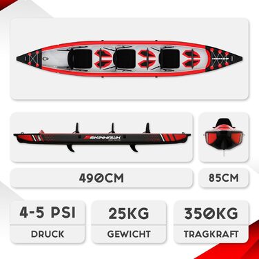 Надувний човен, Каное, Каяк для пригод 490 x 85 см, Сумка для каяка, Насос, Сидіння, Весло зі скловолокна, 490 Red