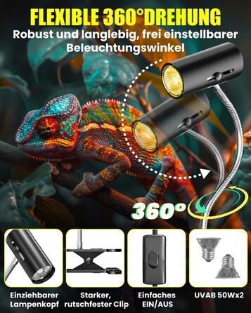 Лампа для тераріуму BrightArk Turtle Heat Lamp 50W UVA/UVB Reptilium Heater Lamp with Regulated Clip Cover E27 Pattern Cover for Cherry Spider, Jastrits, Amphibias (2 лампочки в комплекті)