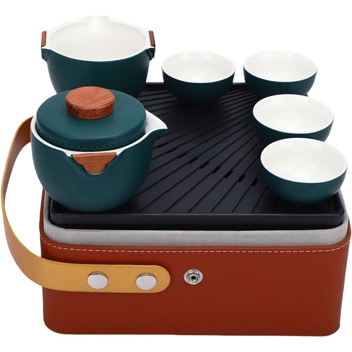 Набір для чаювання в стилі гунфу, преміальна кераміка, портативне зберігання, дорожній набір для чаю. Темно-зелений керамічний чайник з чашками та скринькою для чаю для подорожей, дому та офісу