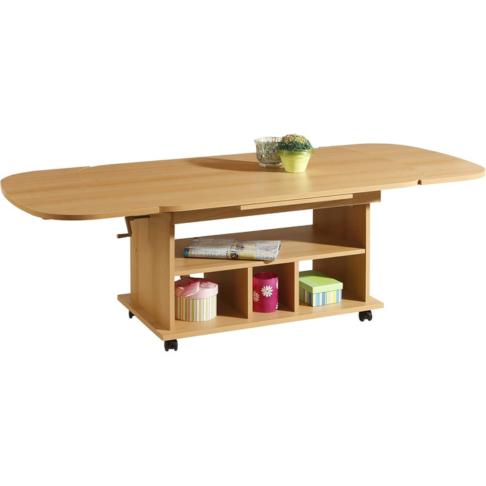 Функціональний журнальний столик Babsi, дерев&39яний матеріал з меламіновим покриттям, бук, регульована висота 53-63 см, розсувний 107-157 см, на колесах