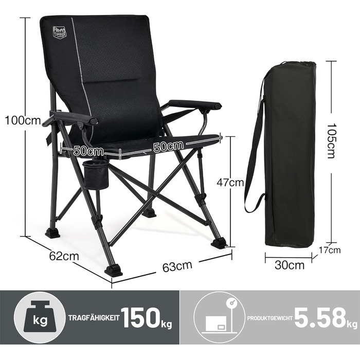 Складане кемпінгове крісло TIMBER RIDGE, вантажопідйомність 150 кг, регульована поперекова опора, складне крісло з підсклянником, сумка для перенесення, крісло для риболовлі, складне крісло, крісло з високою спинкою для кемпінгу, саду, балкону, пікніка, ч