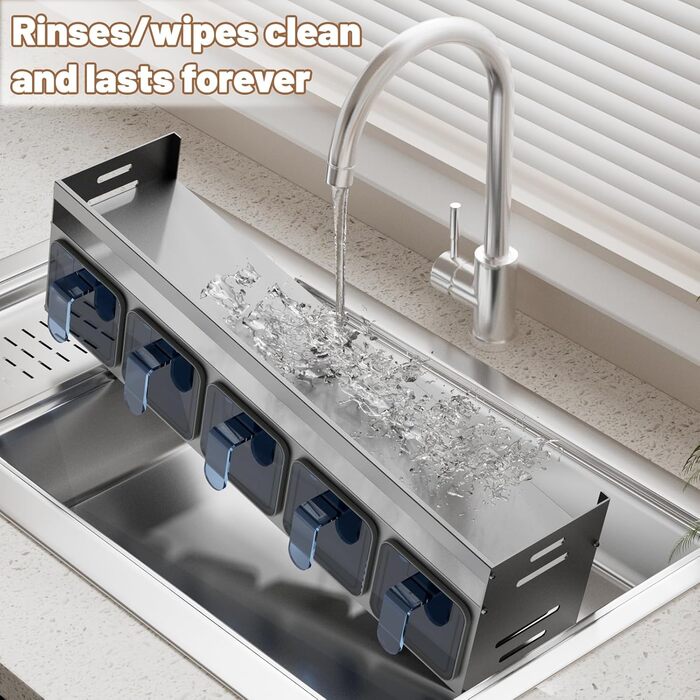 Настінна полиця для спецій Soontrans, 40 x 10,7 x 12,3 см, Кухонна настінна полиця з 5 коробками для спецій, металева полиця для спецій (не потребує свердління), підвісна кухонна полиця, органайзер для спецій для кухонної стільниці та шафи