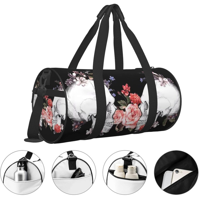 Дорожня сумка-циліндр з квітково-черепним принтом, спортивна сумка для чоловіків та жінок, сумка-мішок, спортивна дорожня сумка