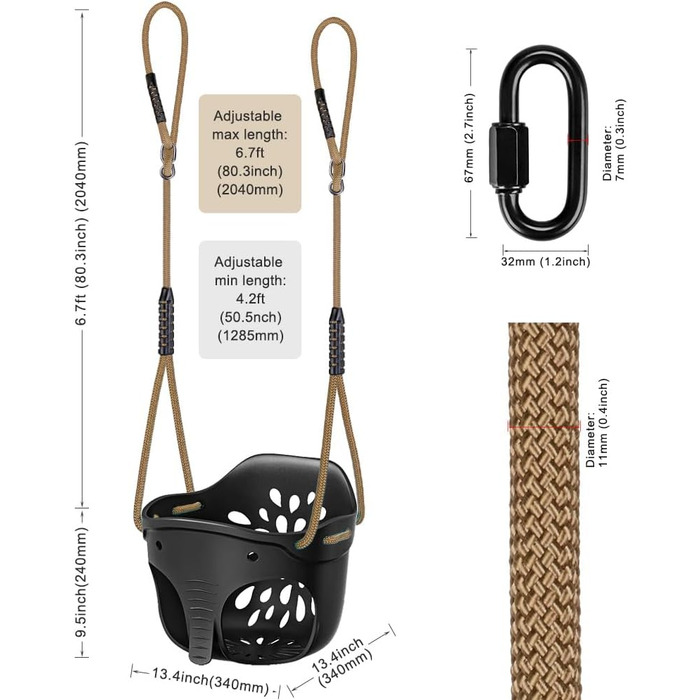 Додаткові аксесуари для дитячих гойдалок на відкритому повітрі, висока спинка, сидіння гойдалки з регульованою мотузкою та 4 караб