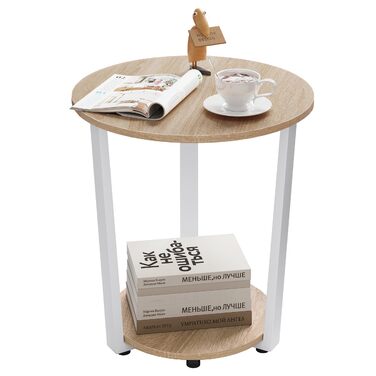 Круглий журнальний столик WOLTU, сучасний журнальний столик, невеликий столик для вітальні, диванний столик з 2 полицями, столик для вітальні для дивана, тумбочка, з місцем для зберігання, виготовлений з інженерної деревини, світлий дуб, BTS13hei