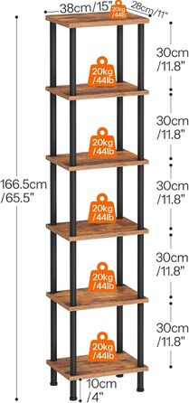 Ярусна книжкова полиця HOOBRO, окремостояча полиця в ретро стилі, полиця для DVD, офісна полиця, відкриті полиці, легке складання, для вітальні, офісу, вінтажний коричневий та чорний EBF165SJ01 38 x 28 x 166,5 см, рустикальний коричневий чорний, 6-