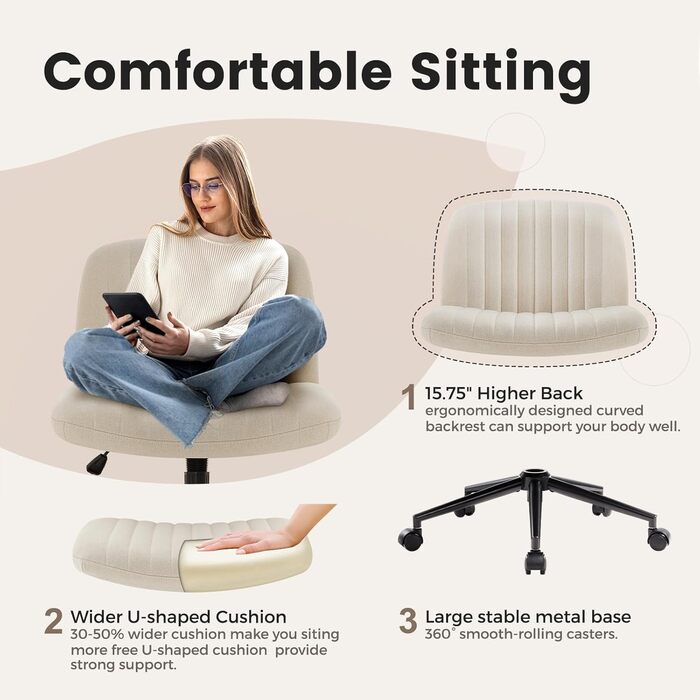 Офісне крісло IWMH без підлокітників, поворотне крісло з регульованою висотою та коліщатками, письмове крісло з тканинною оббивкою, крісло для читання з ширшою подушкою для сидіння зі схрещеними ногами (бежеве з коліщатками)