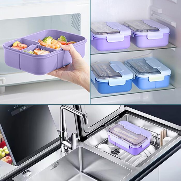Ланчбокс для дорослих, 1450 мл, стильний контейнер для обіду з ложкою та виделкою, зручний для транспортування, обідній бокс з 3 відділеннями, без BPA, герметичний, ідеально підходить для їжі (ліловий)