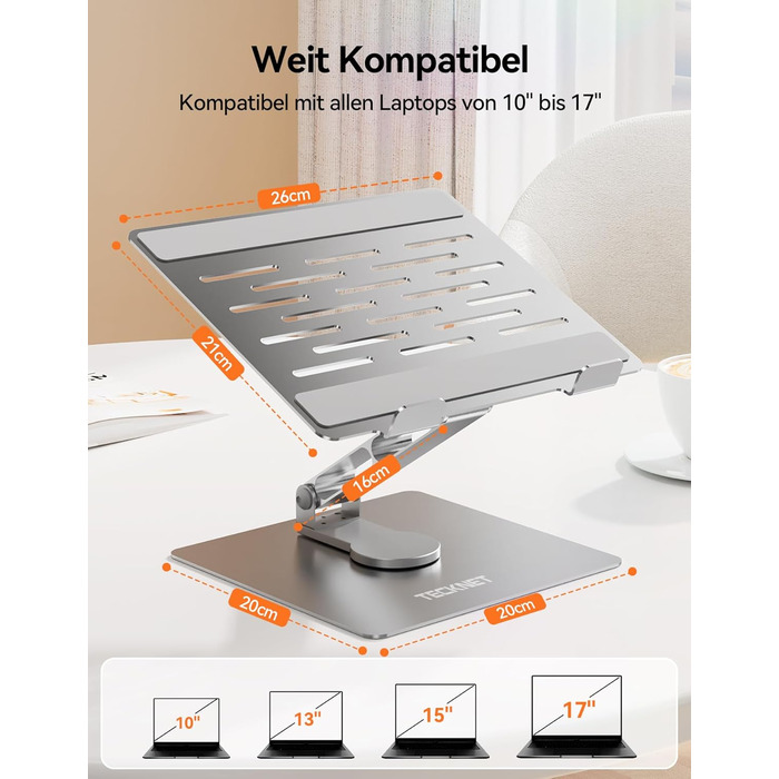 Стійка для ноутбука TECKNET поворотна на 360, регульована по висоті, складана, ергономічна підставка для ноутбука на стіл. Сумісна з MacBook Air/Pro до 16. Срібляста.