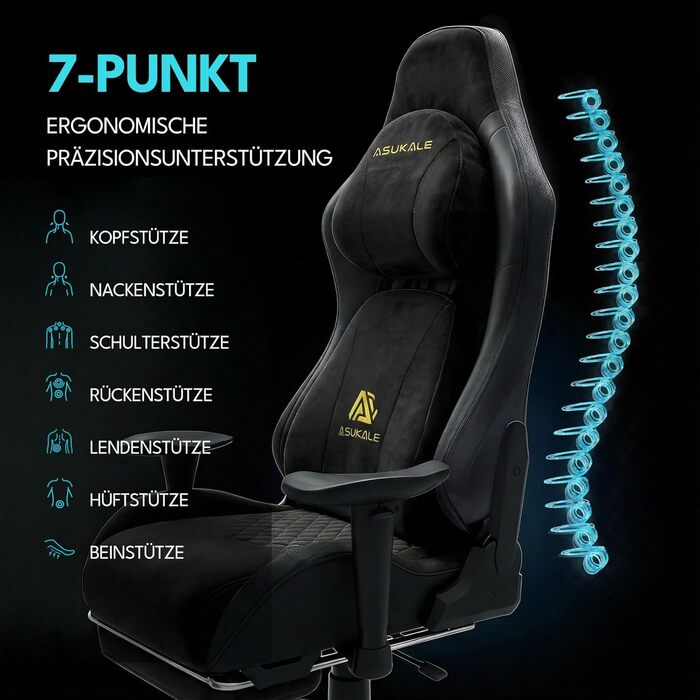 Ігрове крісло, офісне крісло, ергономічне, дихаюче ігрове крісло зі штучної замші, робоче крісло з підставкою для ніг, підголівником та поперековою подушкою, 3D-підлокітники, спинка 90-155, чорний колір