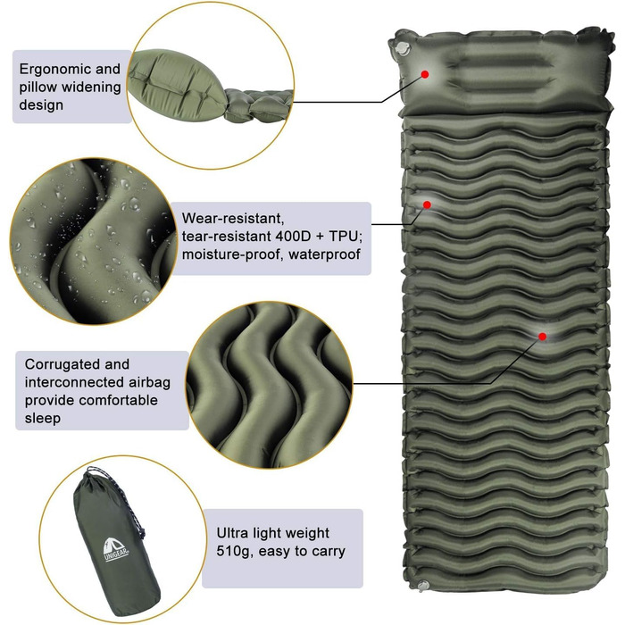 Ультралегкий килимок для сну Unigear 500 г, невеликий розмір упаковки, надувний килимок для сну на свіжому повітрі, походів та пляжу, вологостійкий, водонепроникний та нековзний, багаторазовий армійсько-зелений з подушкою