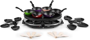 Раклетний гриль, настільний гриль, гриль для вечірок, потужність 1200 Вт, плавне регулювання температури, в т.ч. 8 сковорідок і дерев'яна лопатка, антипригарне покриття, чорний