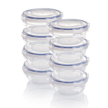 Набір пластикових контейнерів для зберігання продуктів Grizzly, 8 контейнерів з кришками, плоскі, круглі, штабелюються, ударостійкі, можна використовувати в мікрохвильовій печі та посудомийній машині, 8 x 400 мл